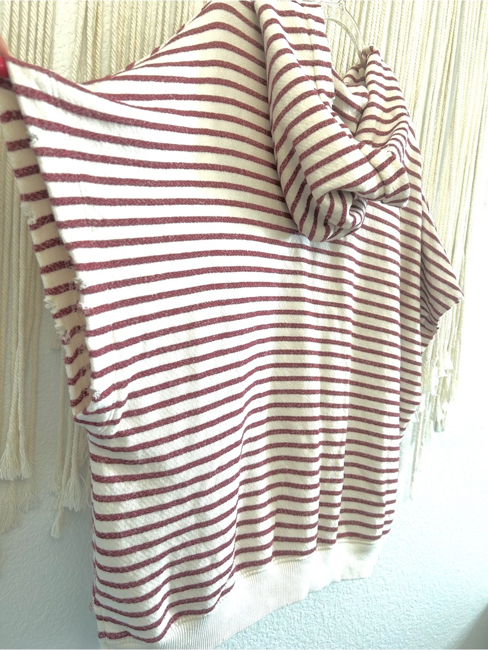 Sun Days BurgundyIvory Striped Hooded Poncho Top Distressed Trim Boho Oversized - Picture 11 of 12